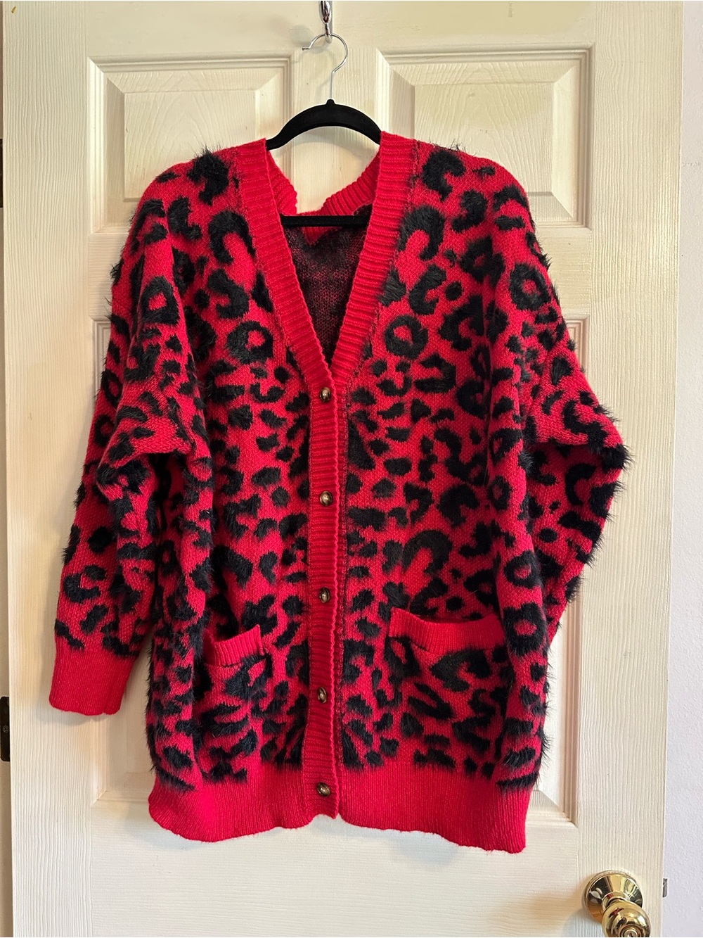 Red and Black Leopard Print Button-Front Women's Cardigan